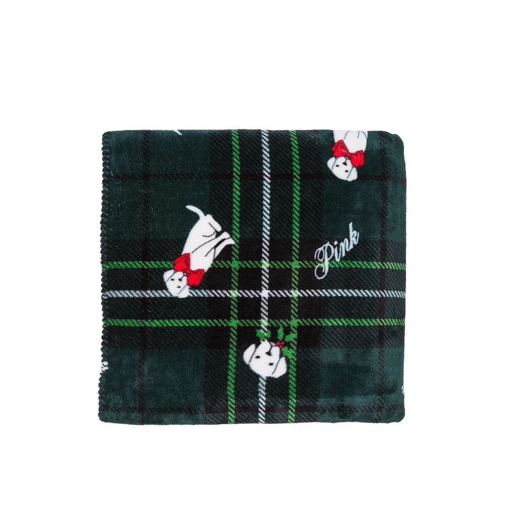 Victoria's Secret Pink Cozy Fleece Sherpa Logo Blanket Holiday Puppy Bow 60x50 - Picture 2 of 2